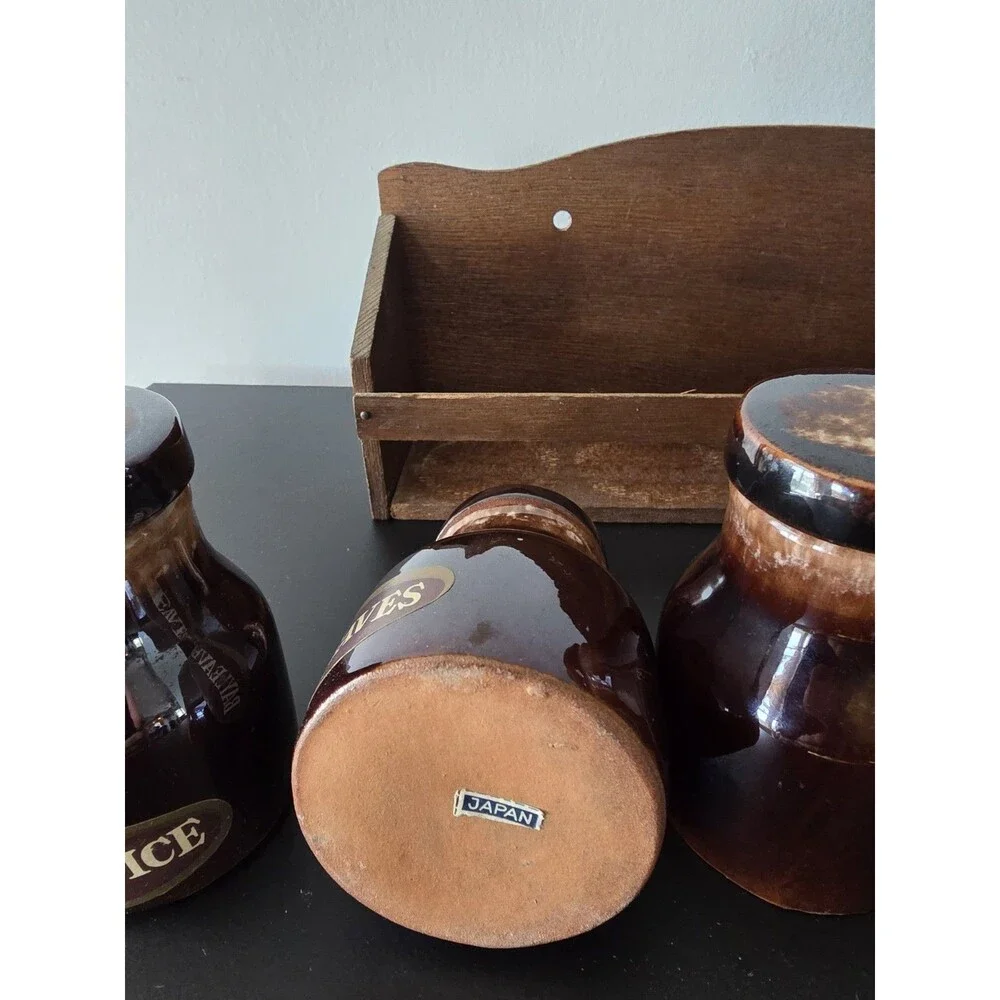 Stoneware Spice Jars Set of 4 with Rack Vintage Japan Brown Glaze